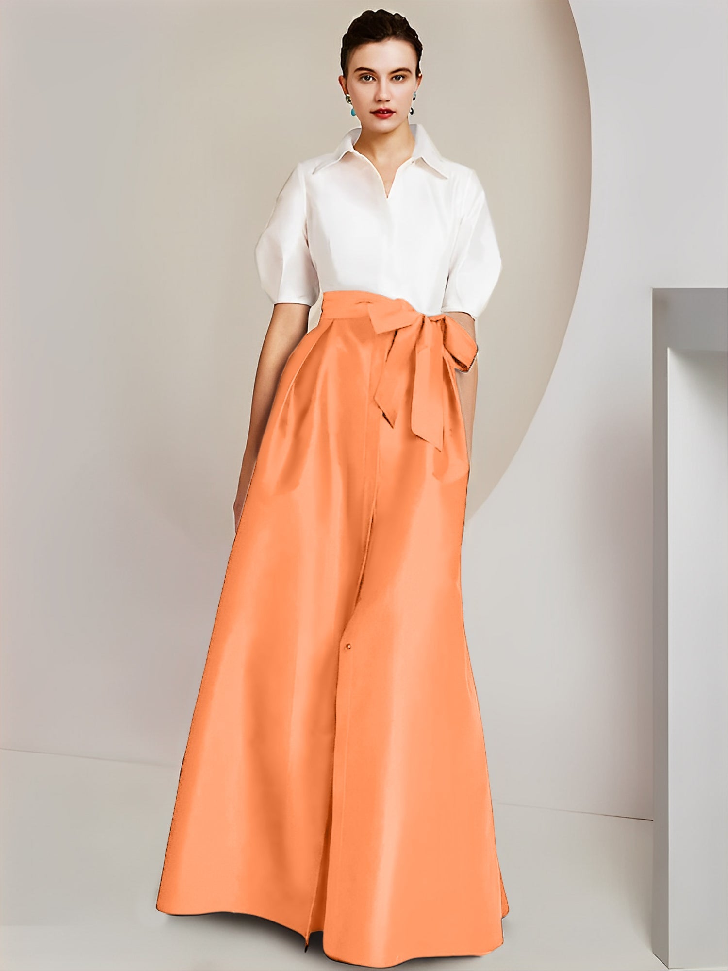 A Line Floor Length Mother Of The Bride Dress Bowknot Shirt Collar Short Sleeves