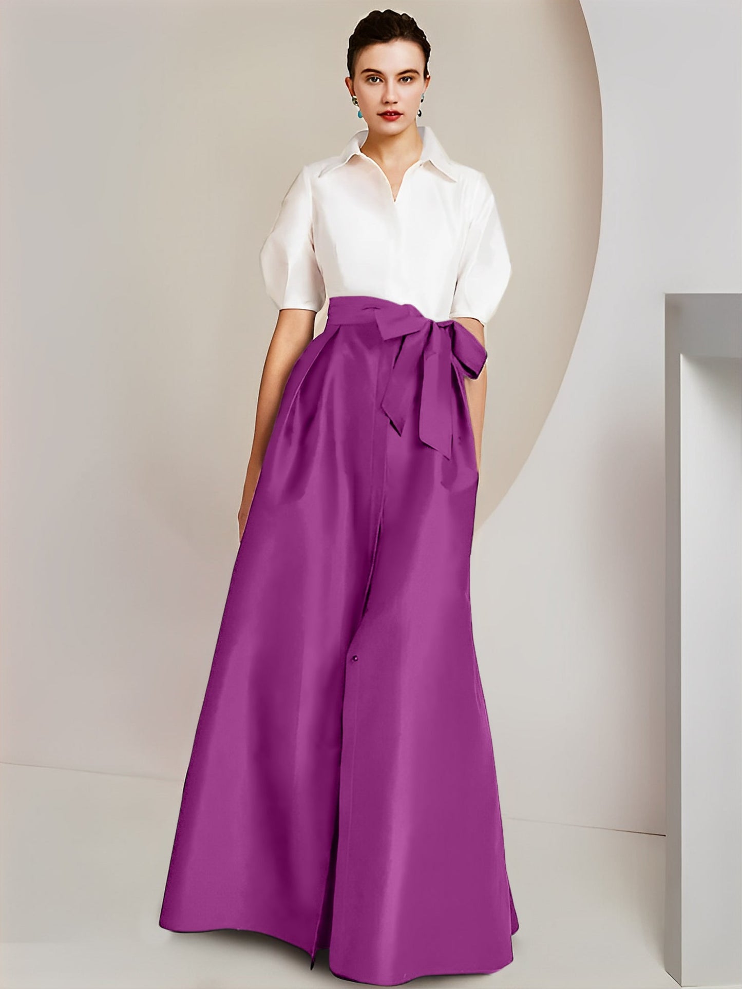 Vestido de 2 piezas para madre de la novia, corte A/princesa, cuello camisero, mangas cortas 