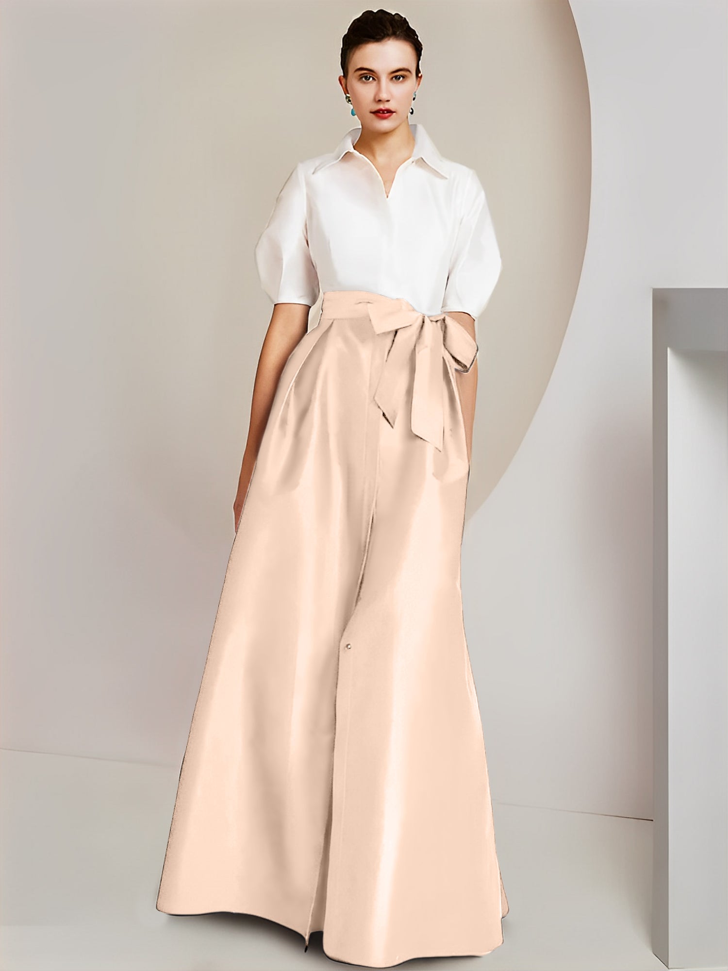 A Line Floor Length Mother Of The Bride Dress Bowknot Shirt Collar Short Sleeves