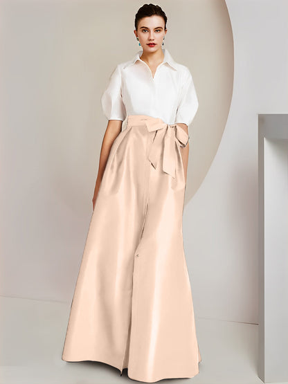 Vestido de 2 piezas para madre de la novia, corte A/princesa, cuello camisero, mangas cortas 