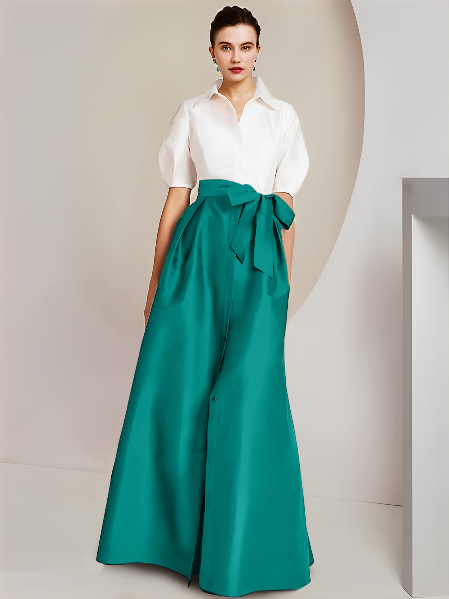 A Line Floor Length Mother Of The Bride Dress Bowknot Shirt Collar Short Sleeves