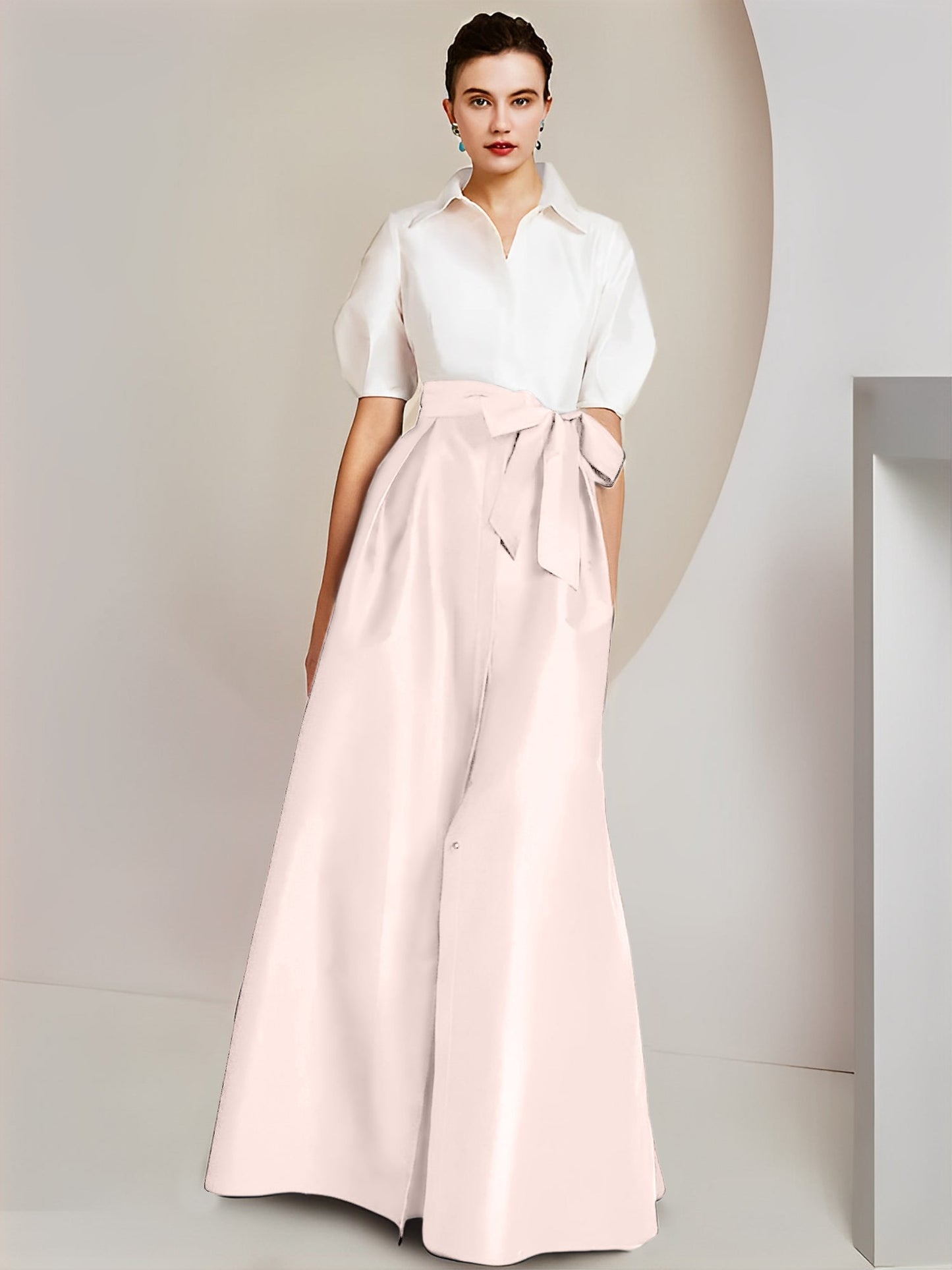 Vestido de 2 piezas para madre de la novia, corte A/princesa, cuello camisero, mangas cortas 