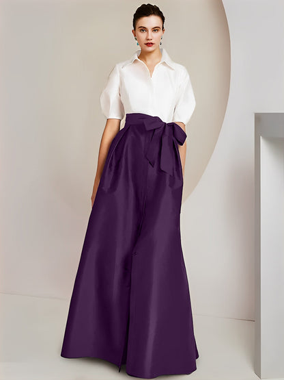 Vestido de 2 piezas para madre de la novia, corte A/princesa, cuello camisero, mangas cortas 
