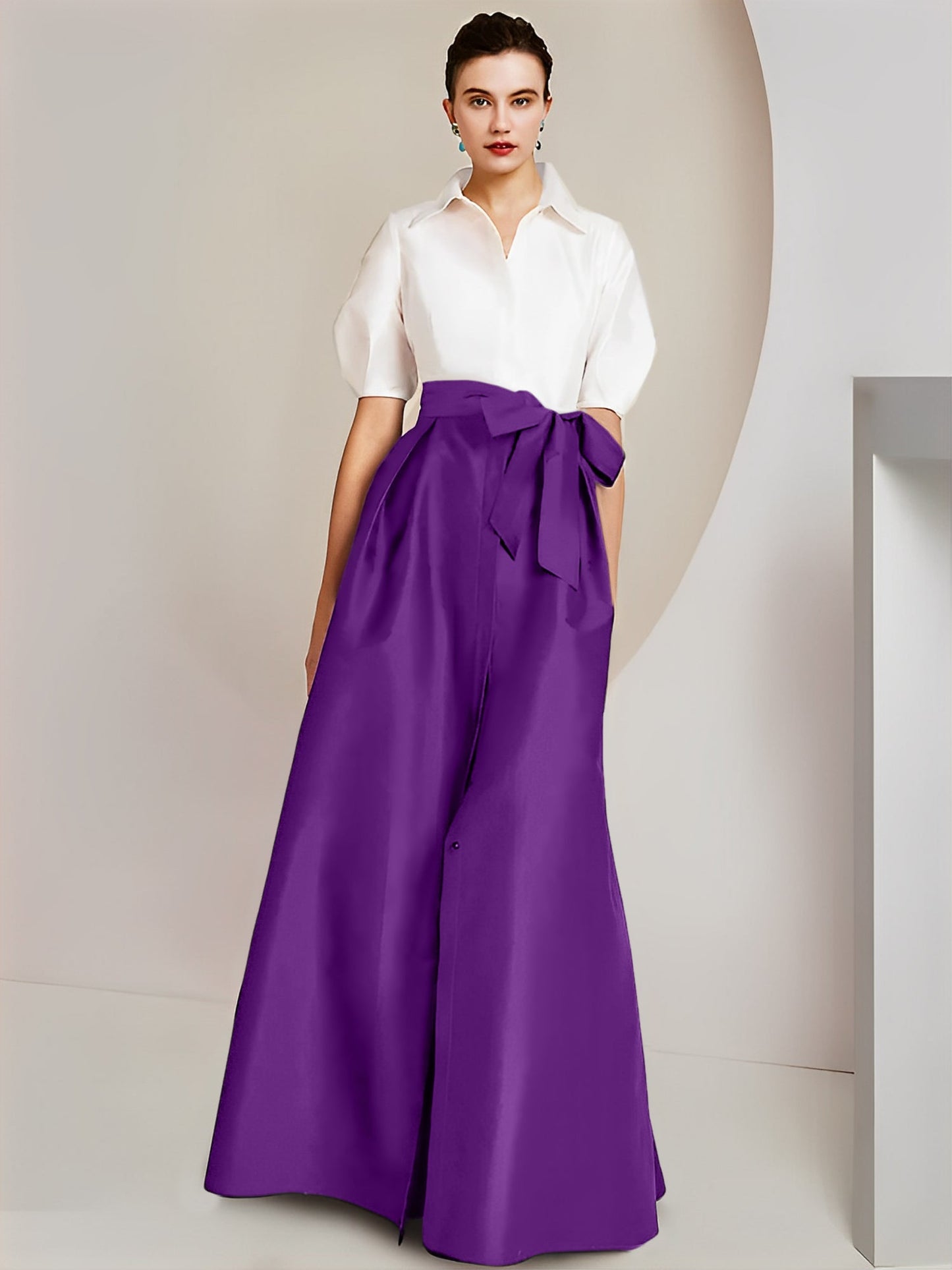 Vestido de 2 piezas para madre de la novia, corte A/princesa, cuello camisero, mangas cortas 