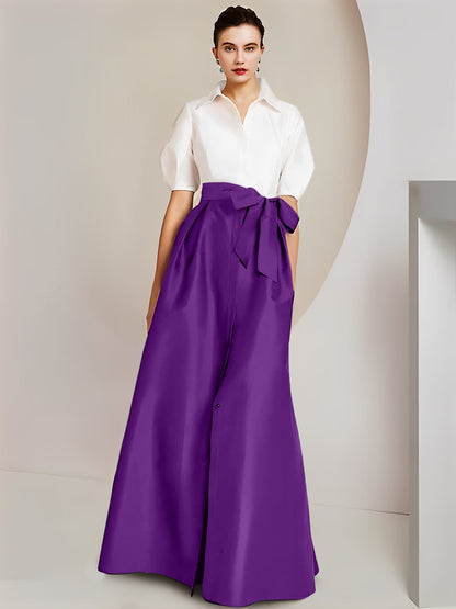 Vestido de 2 piezas para madre de la novia, corte A/princesa, cuello camisero, mangas cortas 