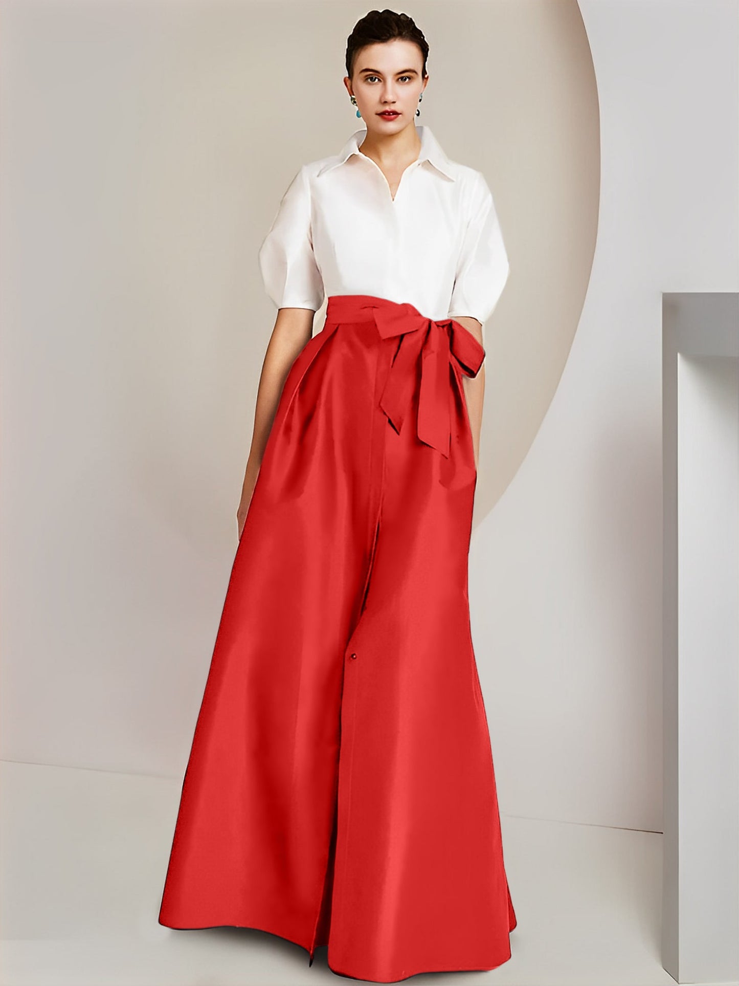 Vestido de 2 piezas para madre de la novia, corte A/princesa, cuello camisero, mangas cortas 