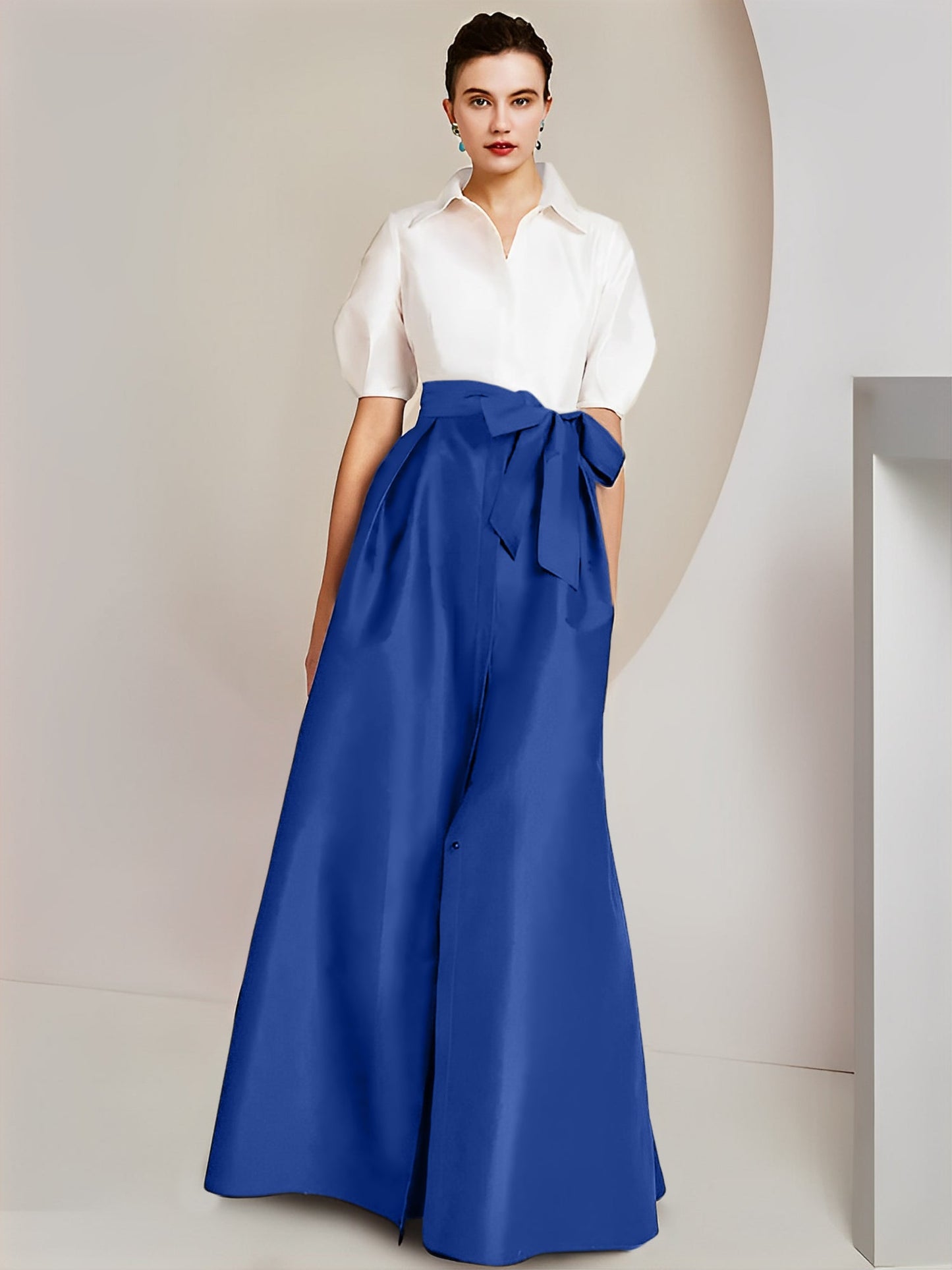 Vestido de 2 piezas para madre de la novia, corte A/princesa, cuello camisero, mangas cortas 