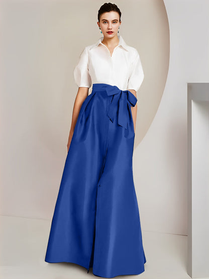 Vestido de 2 piezas para madre de la novia, corte A/princesa, cuello camisero, mangas cortas 