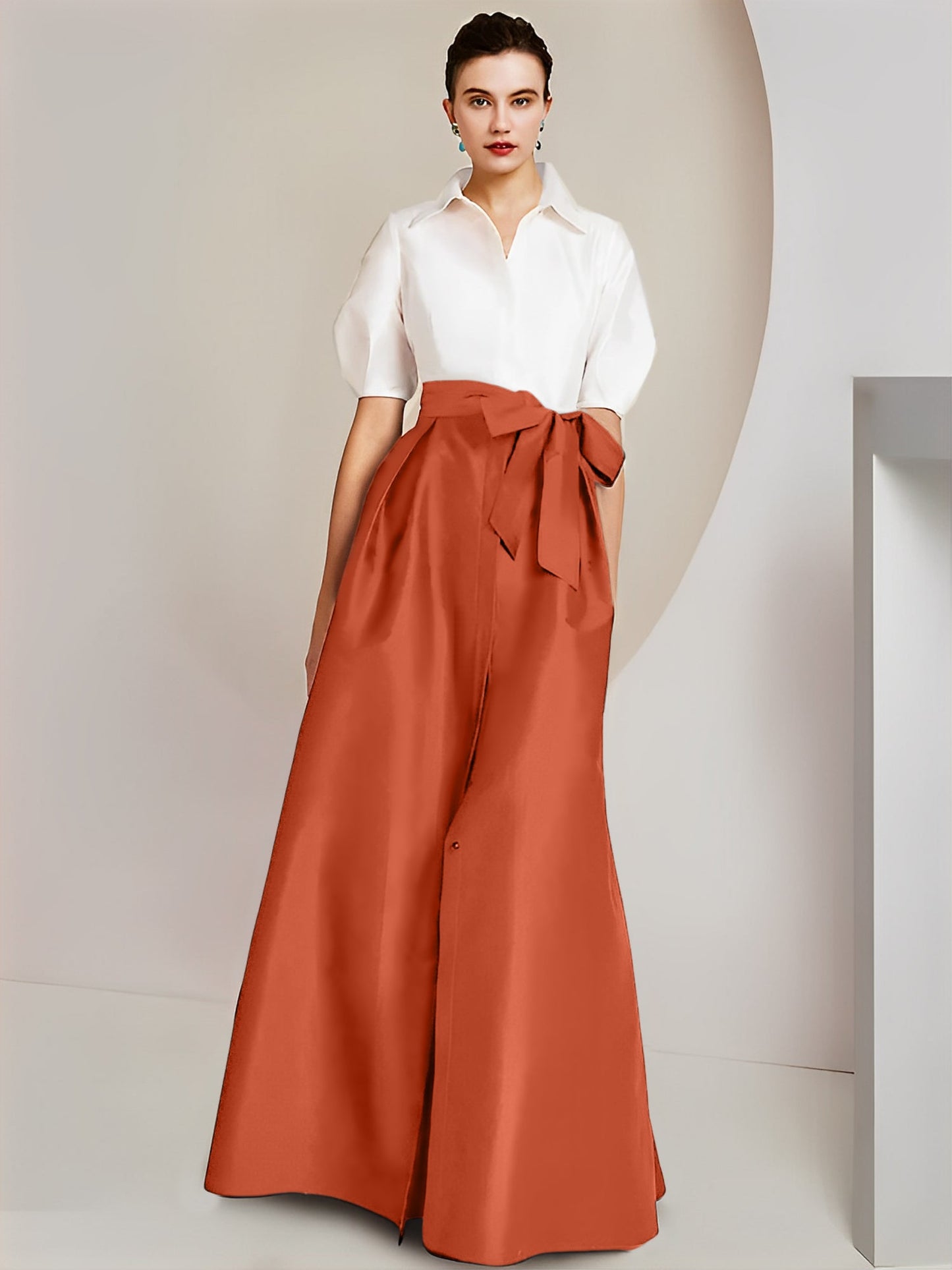 Vestido de 2 piezas para madre de la novia, corte A/princesa, cuello camisero, mangas cortas 