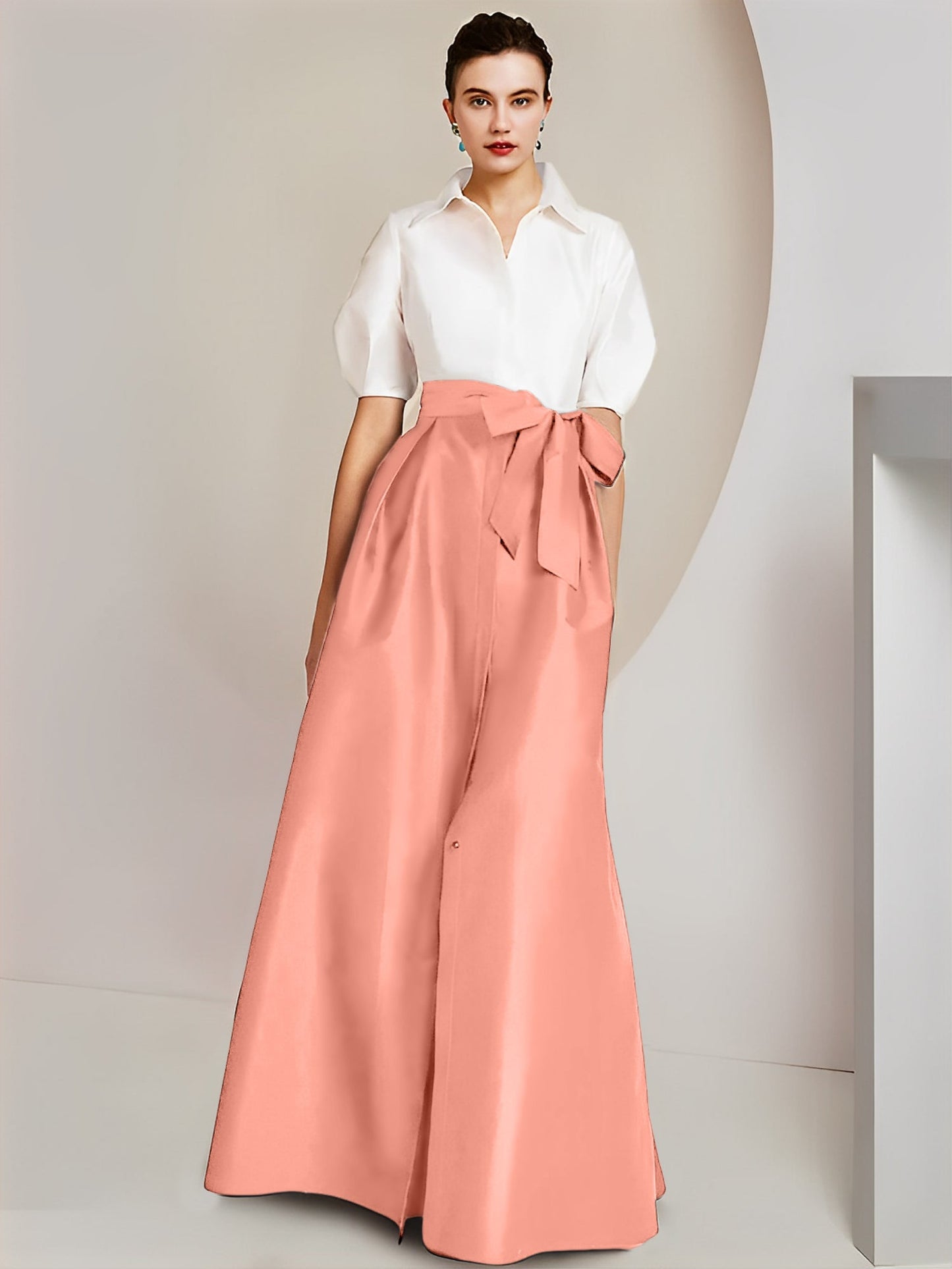 Vestido de 2 piezas para madre de la novia, corte A/princesa, cuello camisero, mangas cortas 