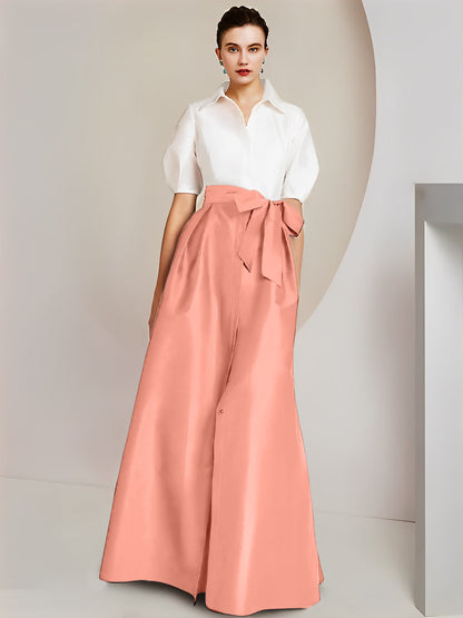 Vestido de 2 piezas para madre de la novia, corte A/princesa, cuello camisero, mangas cortas 