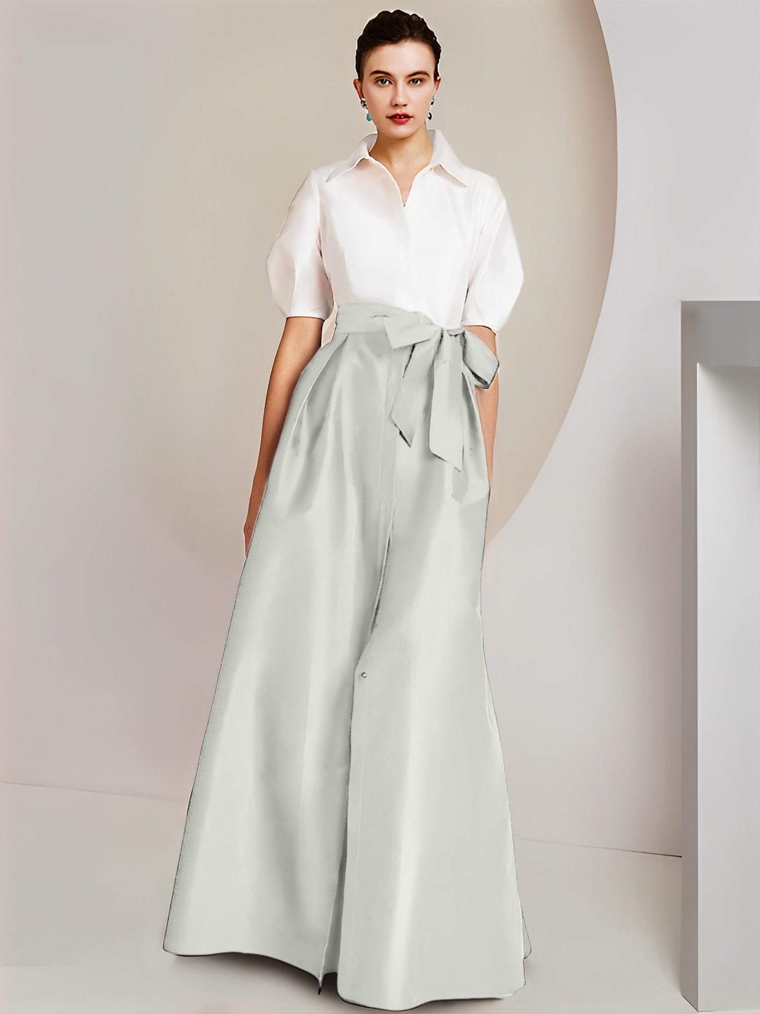A Line Floor Length Mother Of The Bride Dress Bowknot Shirt Collar Short Sleeves