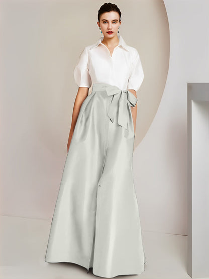 Vestido de 2 piezas para madre de la novia, corte A/princesa, cuello camisero, mangas cortas 