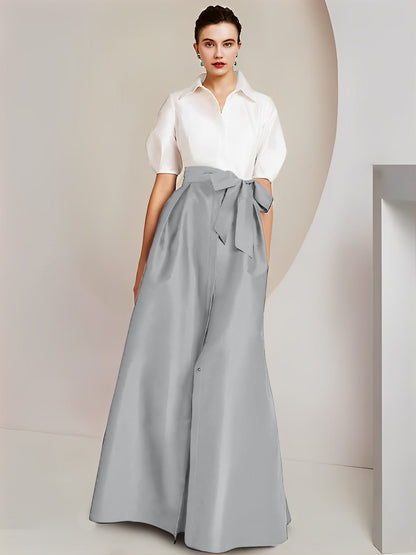 Vestido de 2 piezas para madre de la novia, corte A/princesa, cuello camisero, mangas cortas 