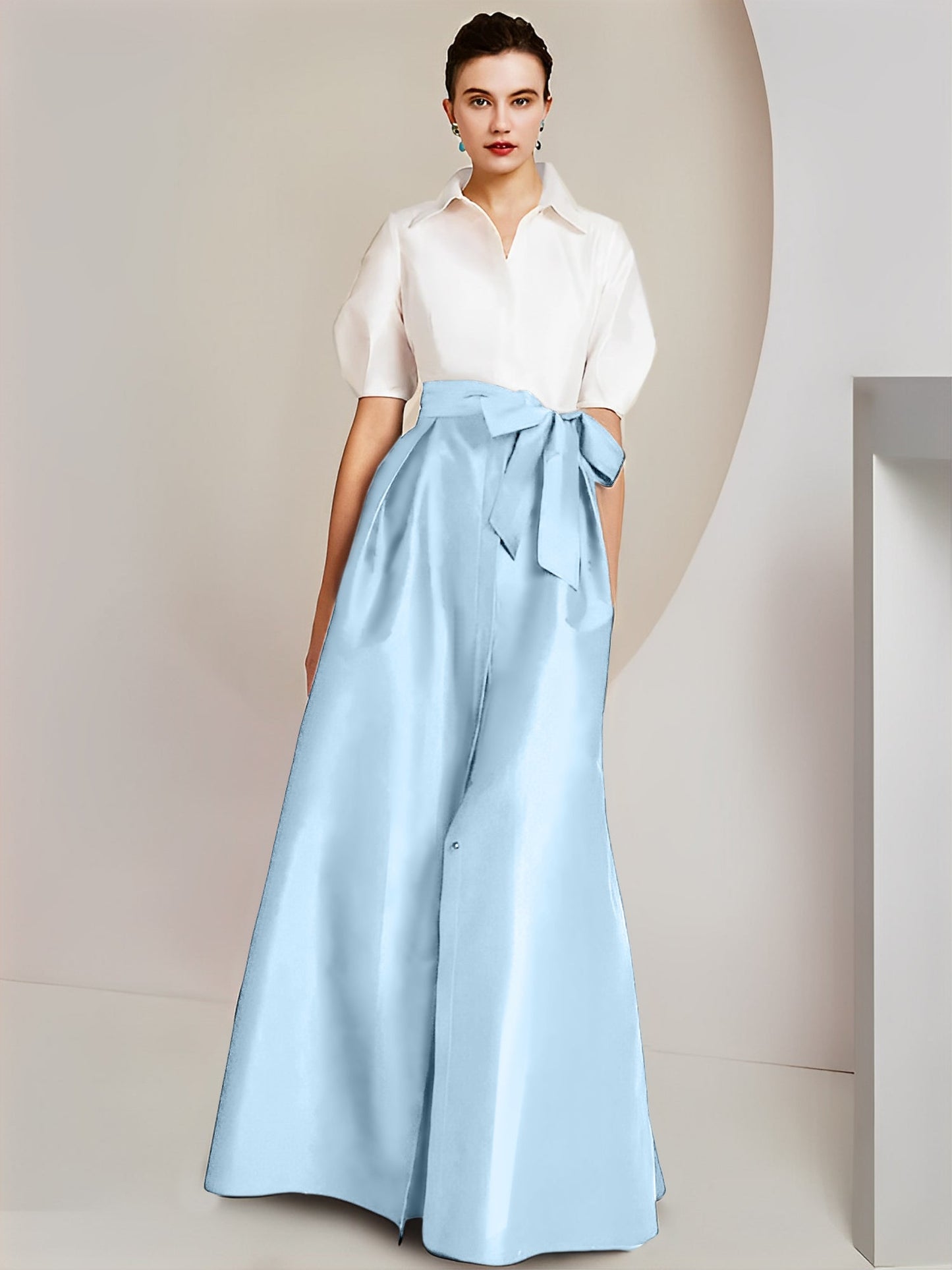 Vestido de 2 piezas para madre de la novia, corte A/princesa, cuello camisero, mangas cortas 