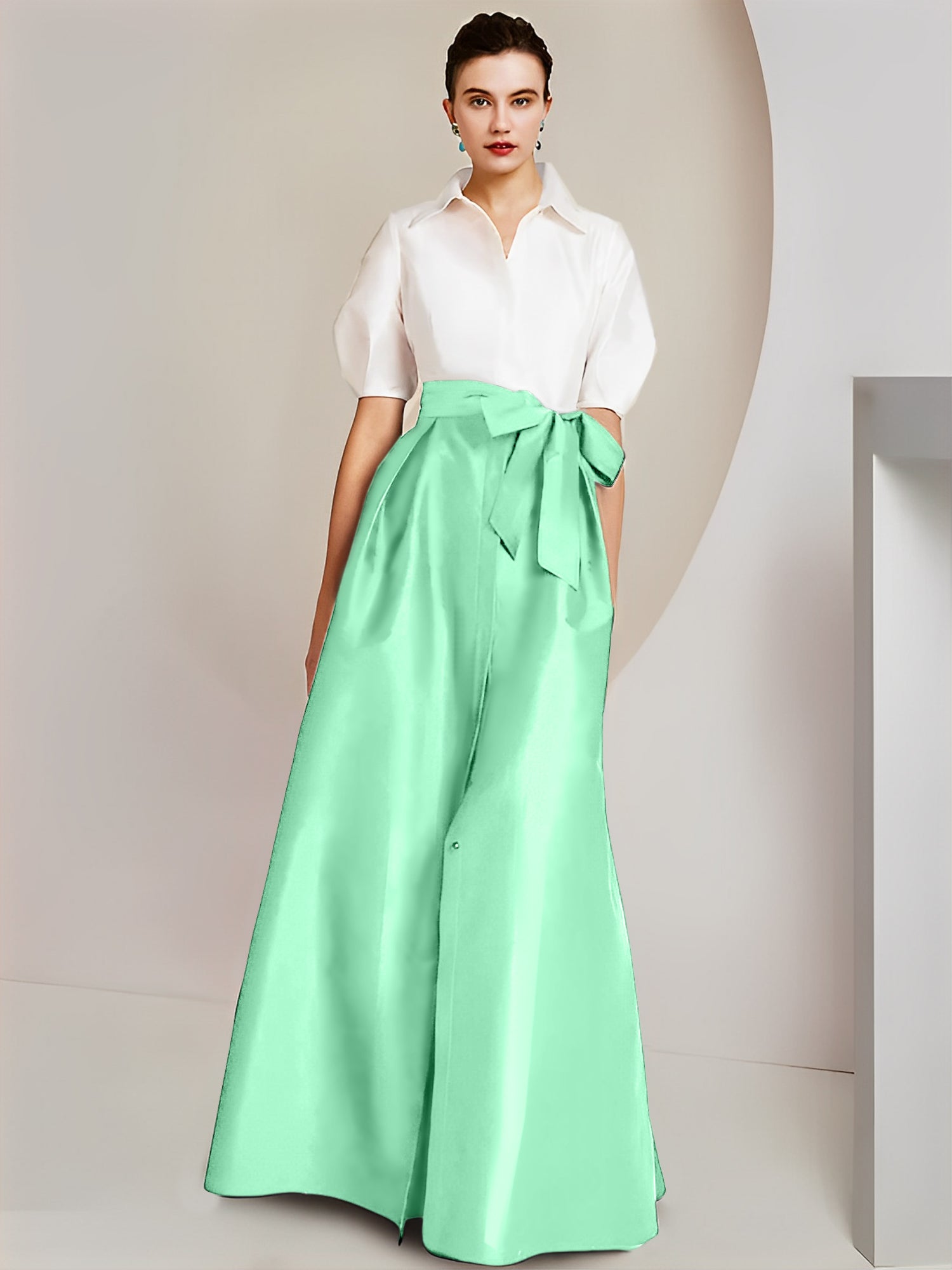 A Line Floor Length Mother Of The Bride Dress Bowknot Shirt Collar Short Sleeves