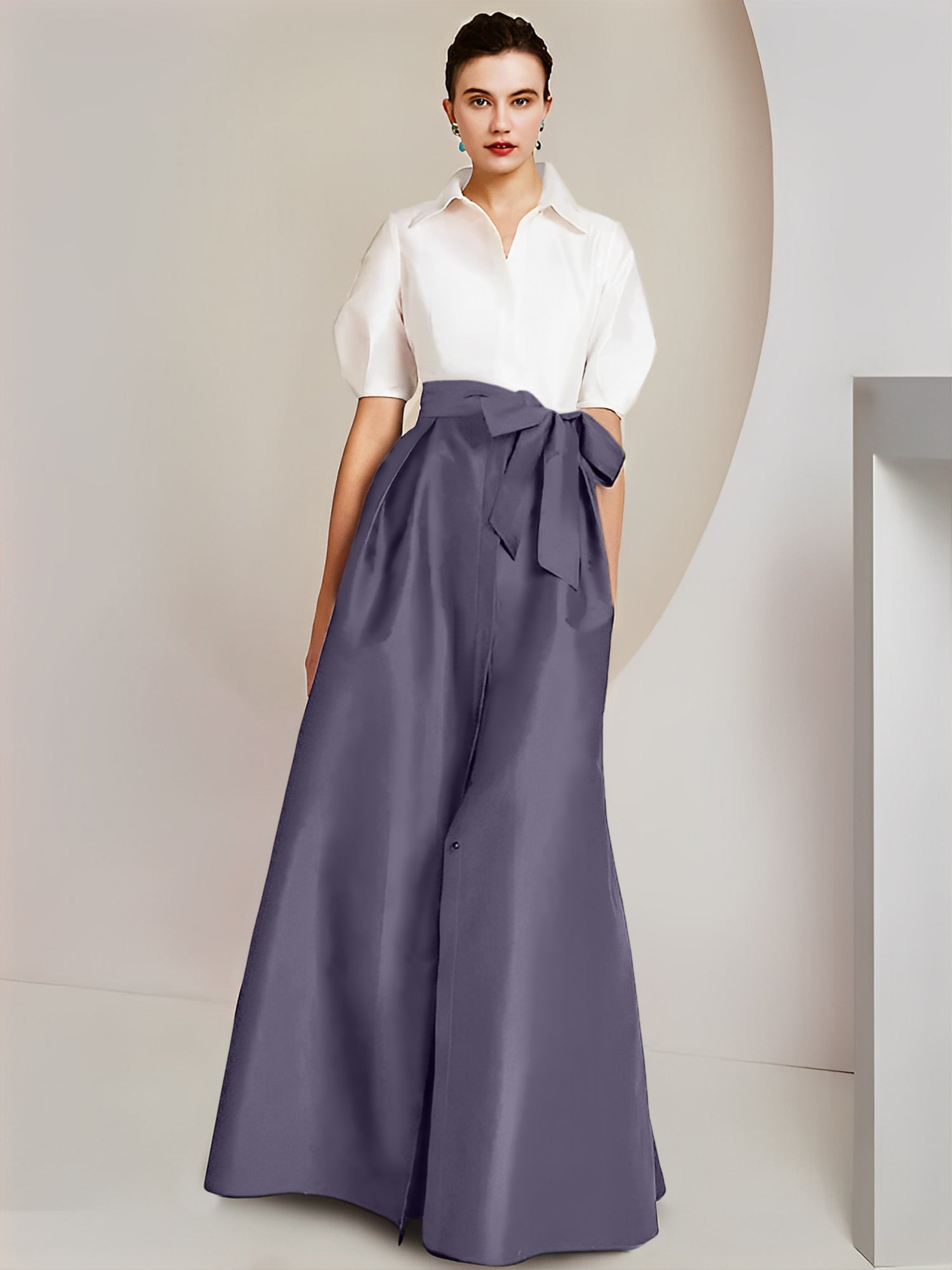 A Line Floor Length Mother Of The Bride Dress Bowknot Shirt Collar Short Sleeves