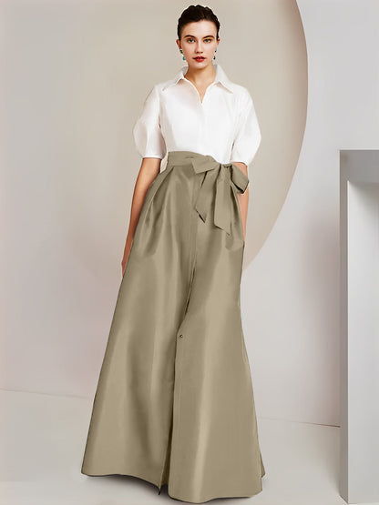 Vestido de 2 piezas para madre de la novia, corte A/princesa, cuello camisero, mangas cortas 