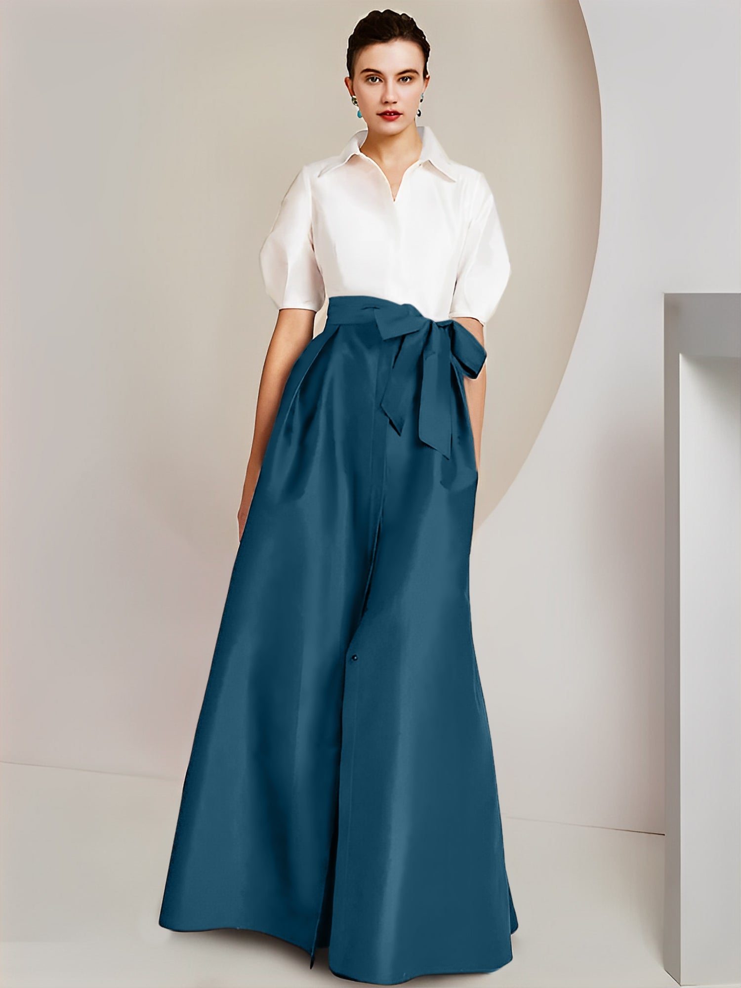 A Line Floor Length Mother Of The Bride Dress Bowknot Shirt Collar Short Sleeves