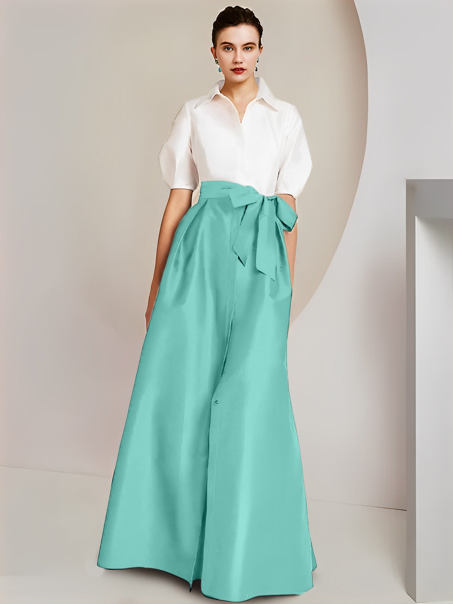 A Line Floor Length Mother Of The Bride Dress Bowknot Shirt Collar Short Sleeves
