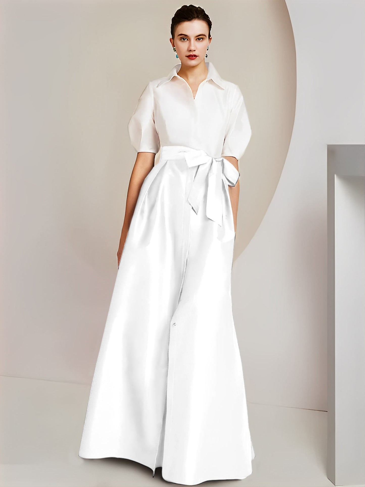 Vestido de 2 piezas para madre de la novia, corte A/princesa, cuello camisero, mangas cortas 