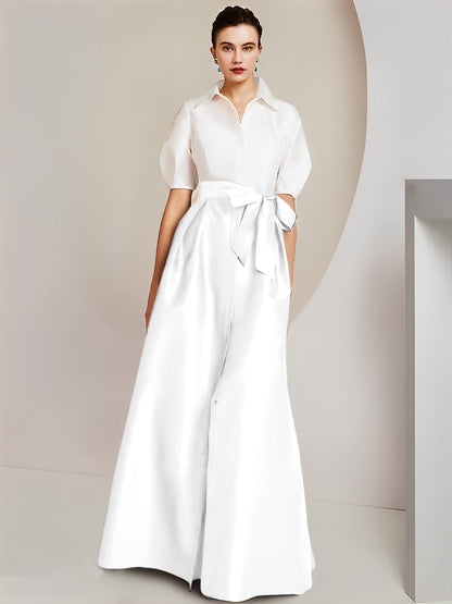 Vestido de 2 piezas para madre de la novia, corte A/princesa, cuello camisero, mangas cortas 