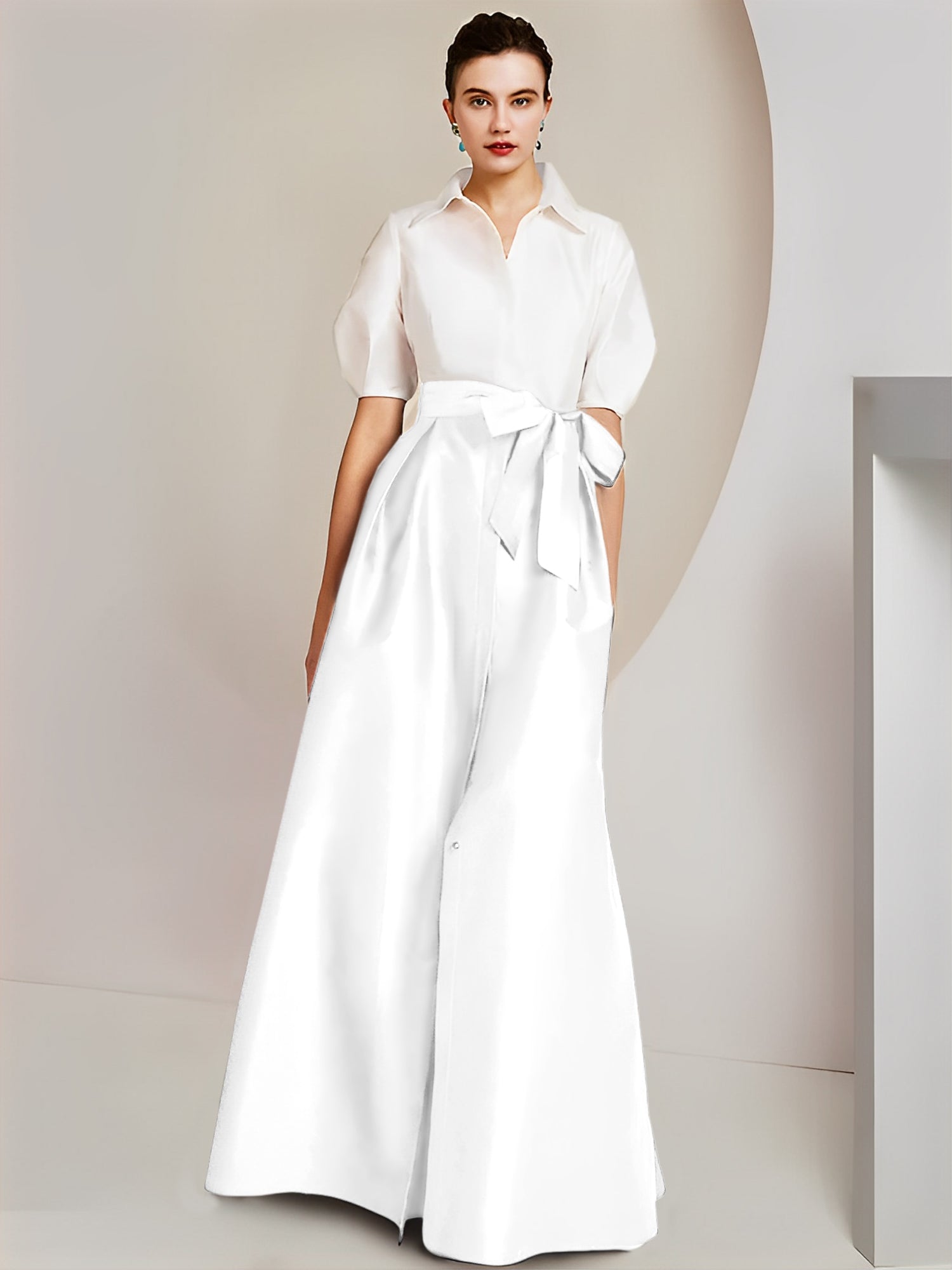 A Line Floor Length Mother Of The Bride Dress Bowknot Shirt Collar Short Sleeves