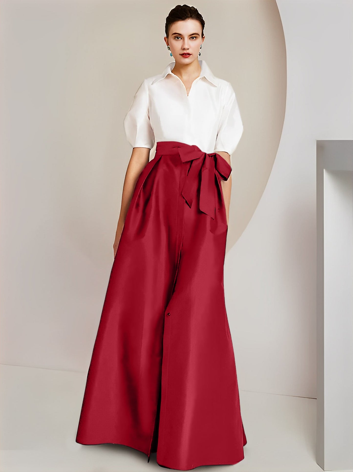 Vestido de 2 piezas para madre de la novia, corte A/princesa, cuello camisero, mangas cortas 