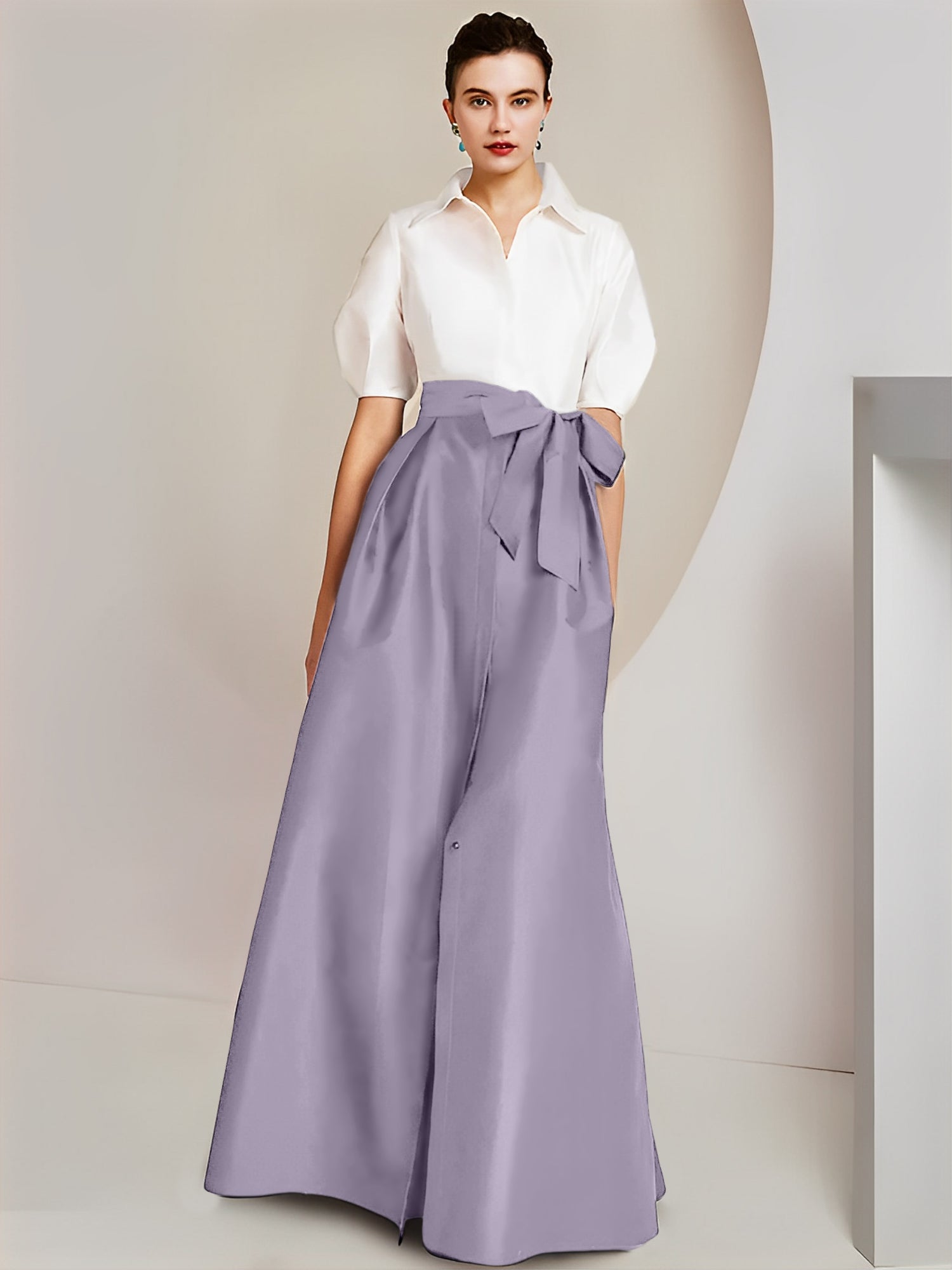 A Line Floor Length Mother Of The Bride Dress Bowknot Shirt Collar Short Sleeves