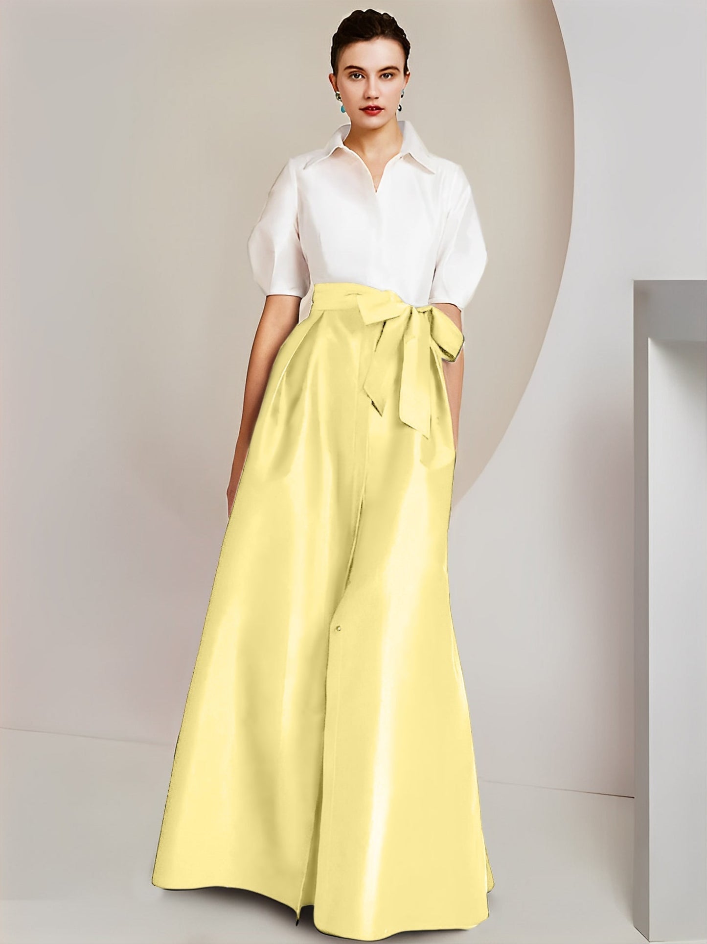 Vestido de 2 piezas para madre de la novia, corte A/princesa, cuello camisero, mangas cortas 
