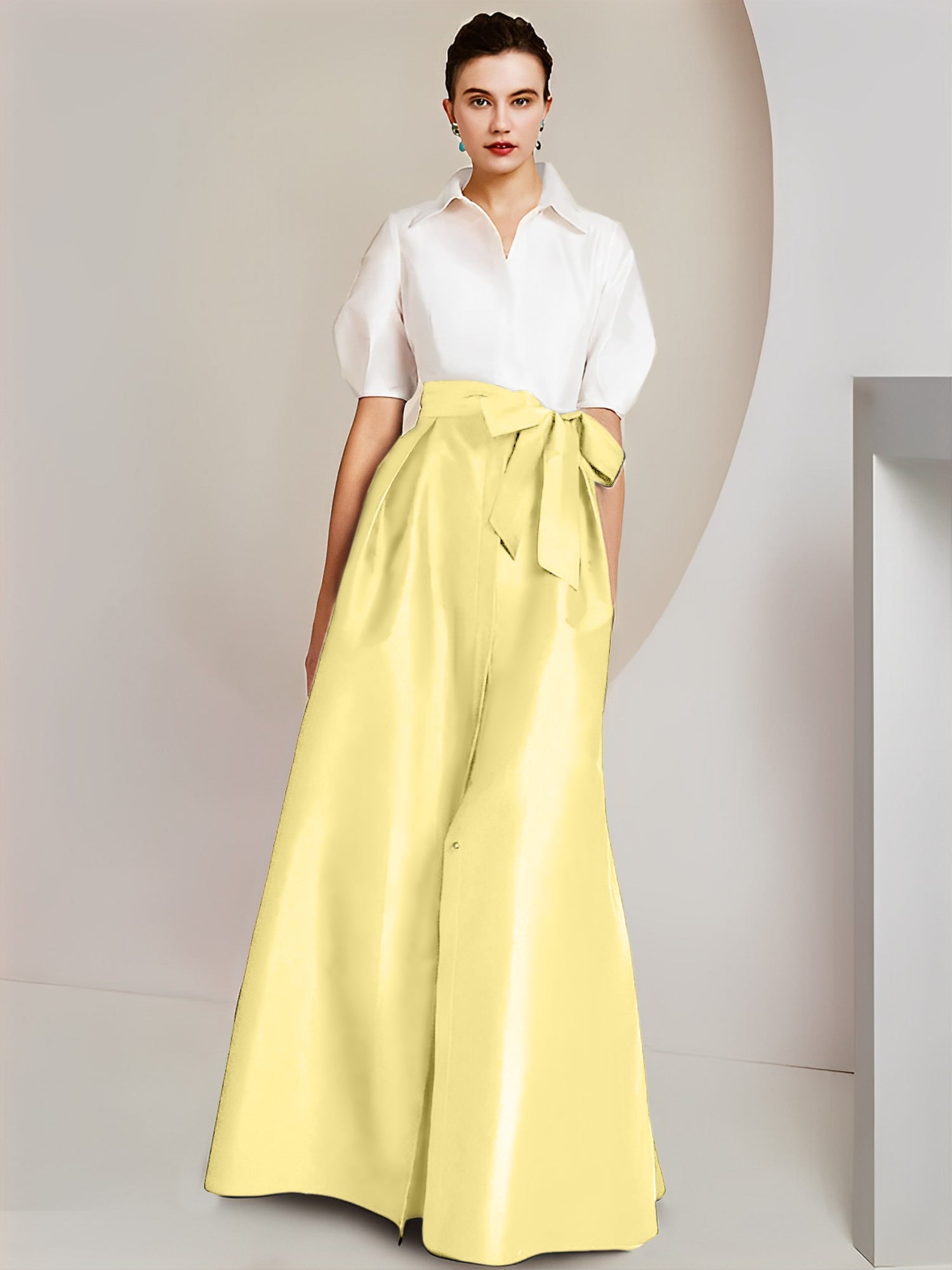 A Line Floor Length Mother Of The Bride Dress Bowknot Shirt Collar Short Sleeves