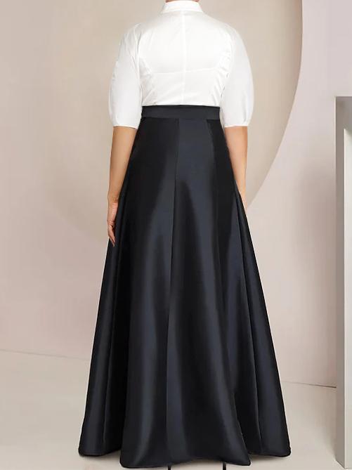 A Line Floor Length Mother Of The Bride Dress Bowknot Shirt Collar Short Sleeves