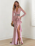 Crepe Beaded Floorlength V Neck Long Sleeve Sheath Dress for Mother of the Bride