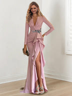 Crepe Beaded Floorlength V Neck Long Sleeve Sheath Dress for Mother of the Bride