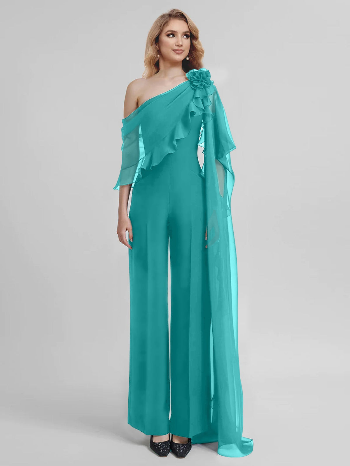 Chiffon One Shoulder Jumpsuits With Half Sleeves For Mother Of The Bride