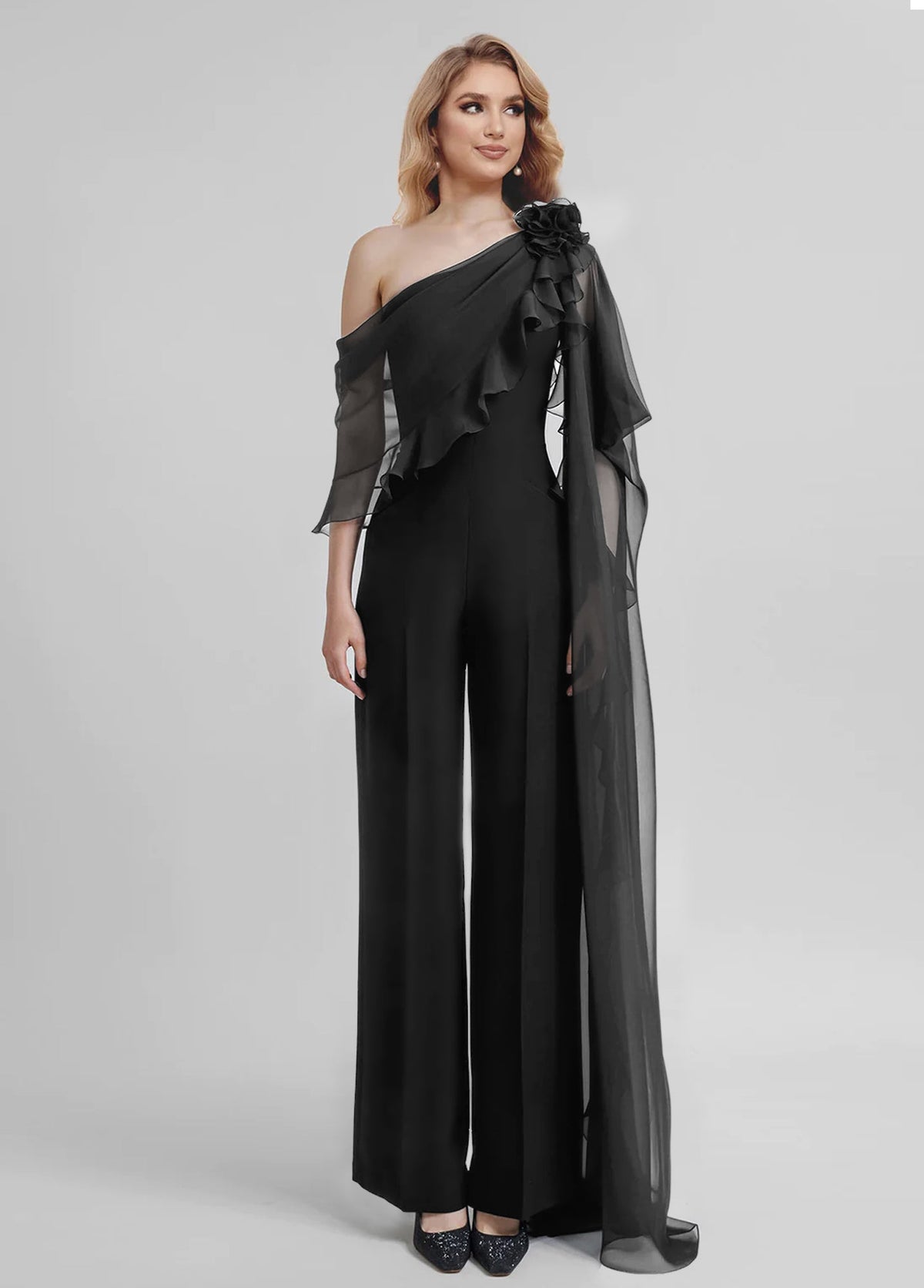 Chiffon One Shoulder Jumpsuits With Half Sleeves For Mother Of The Bride