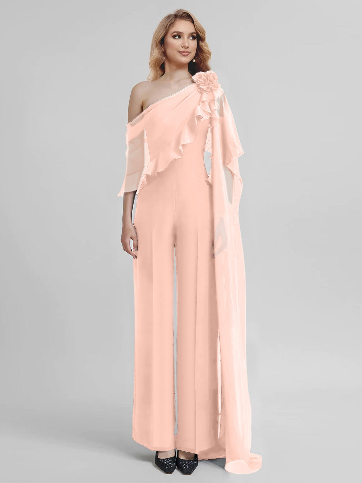 Chiffon One Shoulder Jumpsuits With Half Sleeves For Mother Of The Bride