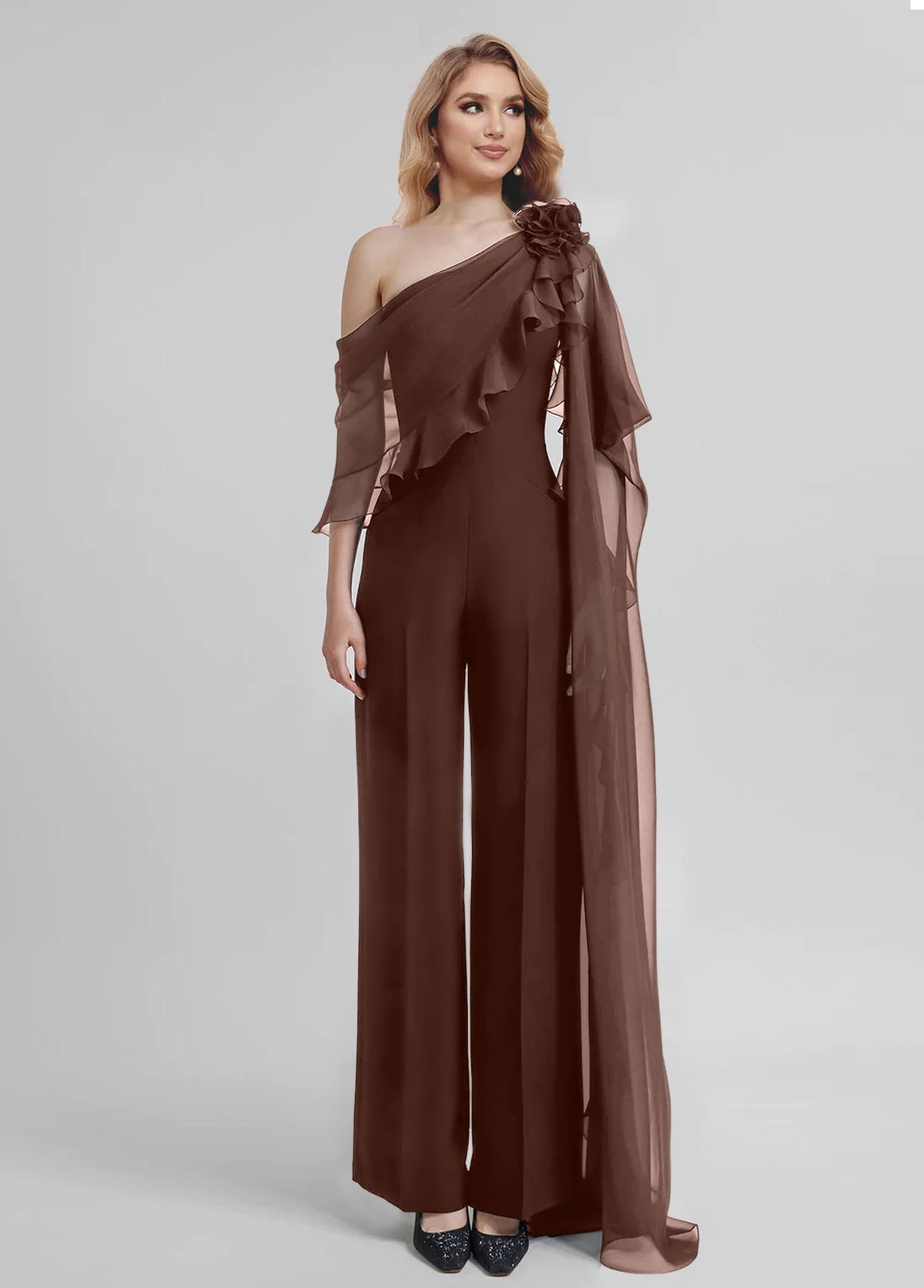 Chiffon One Shoulder Jumpsuits With Half Sleeves For Mother Of The Bride