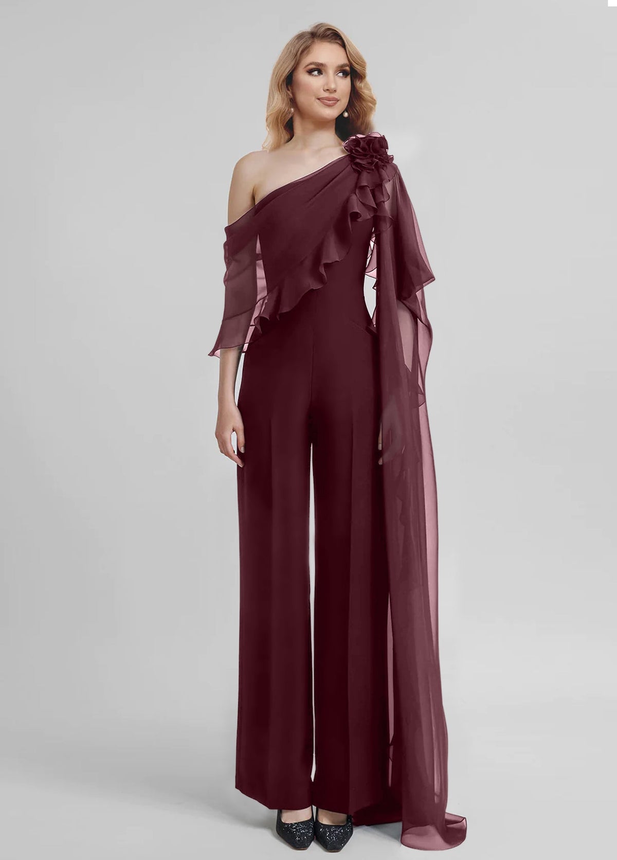 Chiffon One Shoulder Jumpsuits With Half Sleeves For Mother Of The Bride