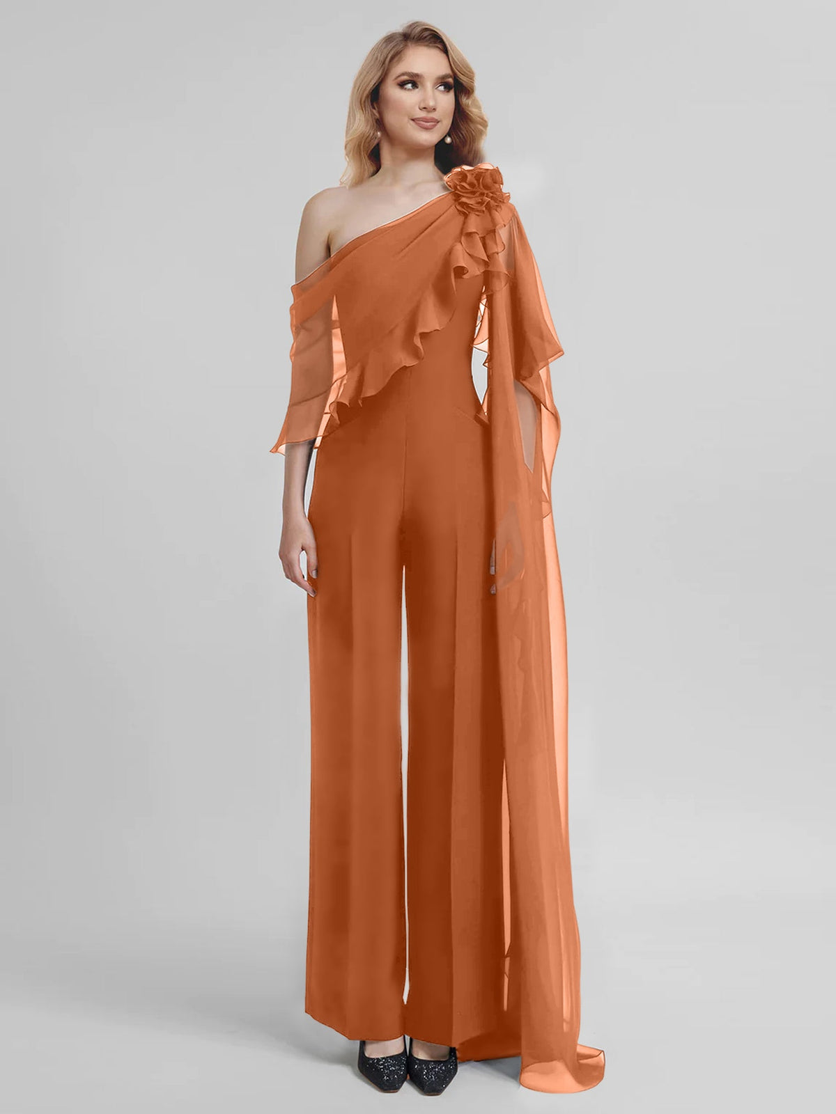 Chiffon One Shoulder Jumpsuits With Half Sleeves For Mother Of The Bride