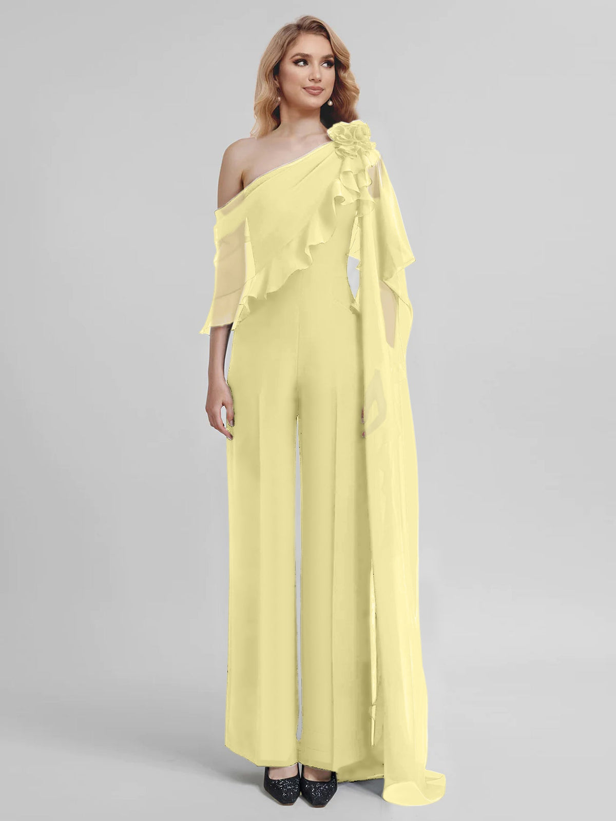 Chiffon One Shoulder Jumpsuits With Half Sleeves For Mother Of The Bride