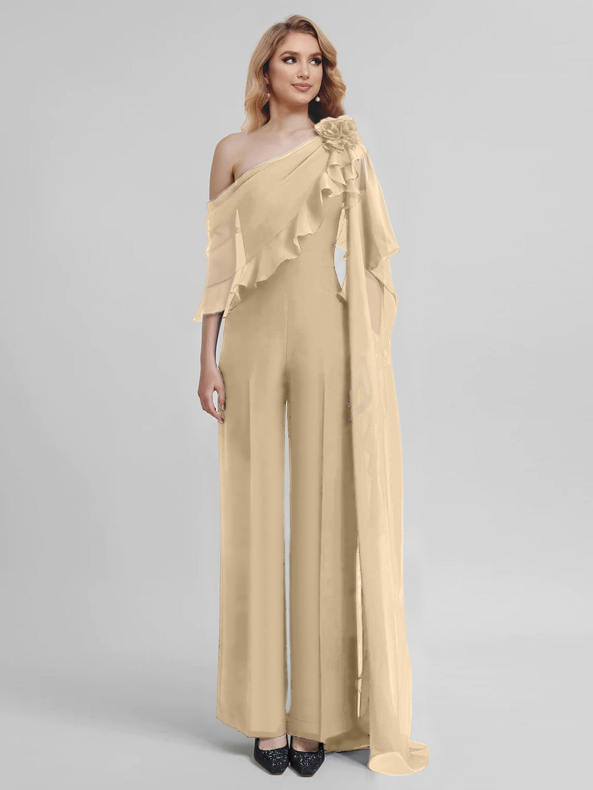 Chiffon One Shoulder Jumpsuits With Half Sleeves For Mother Of The Bride