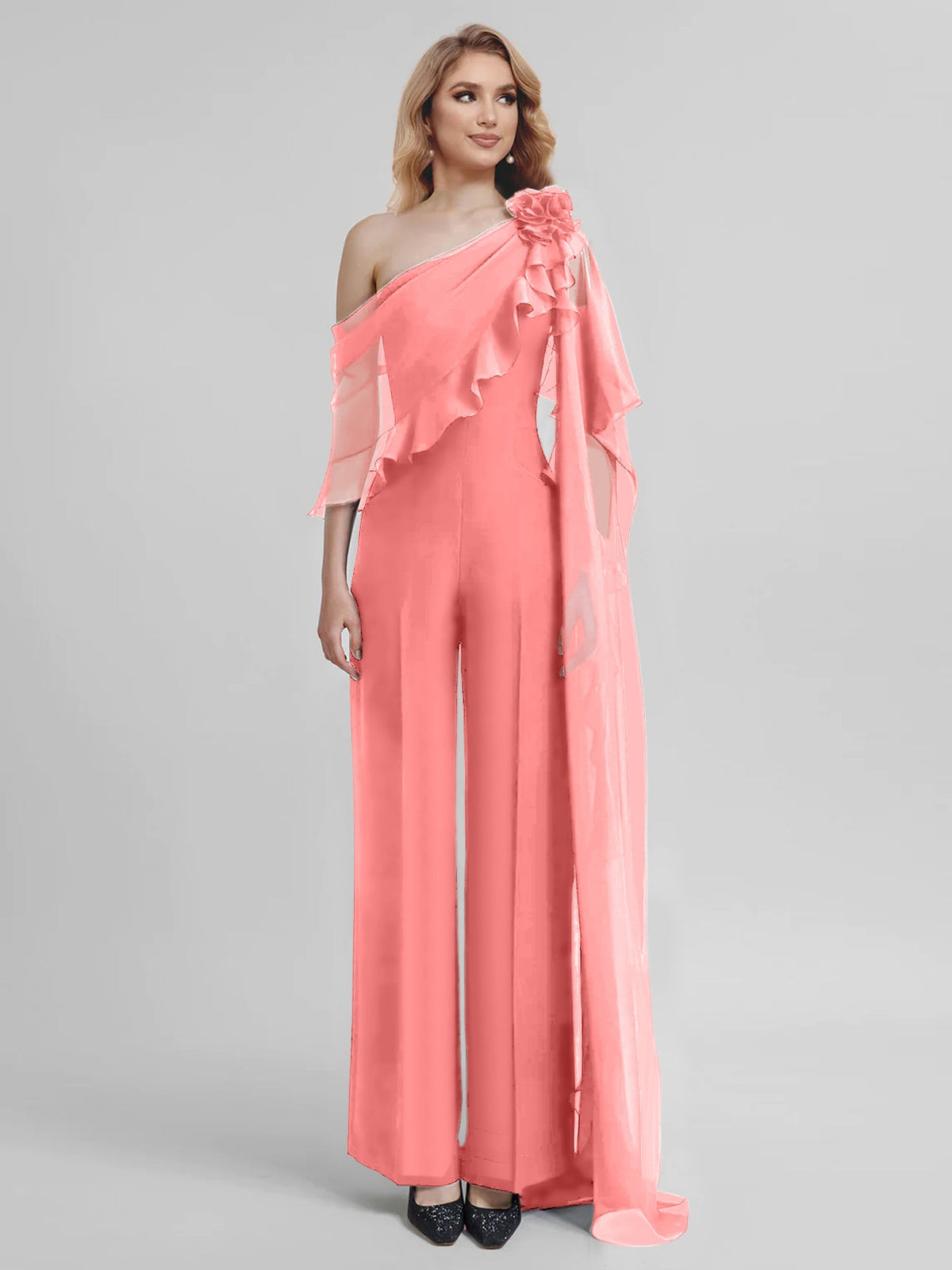 Chiffon One Shoulder Jumpsuits With Half Sleeves For Mother Of The Bride
