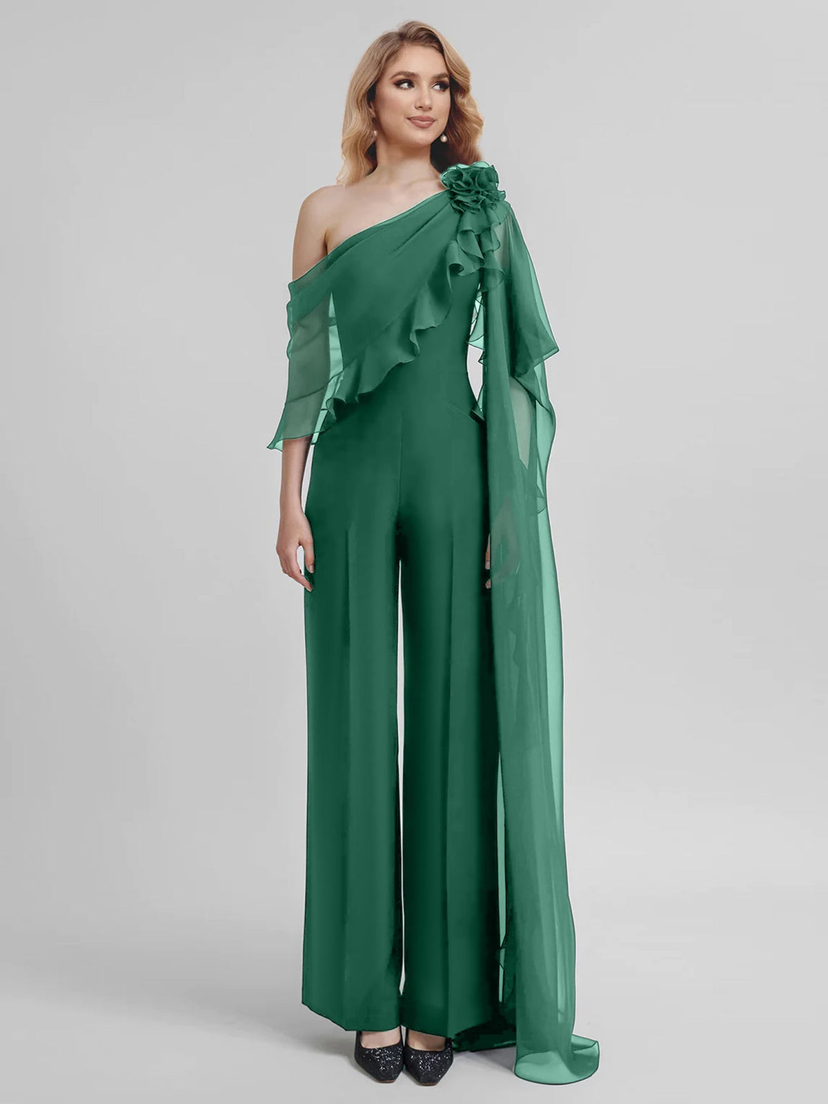 Chiffon One Shoulder Jumpsuits With Half Sleeves For Mother Of The Bride