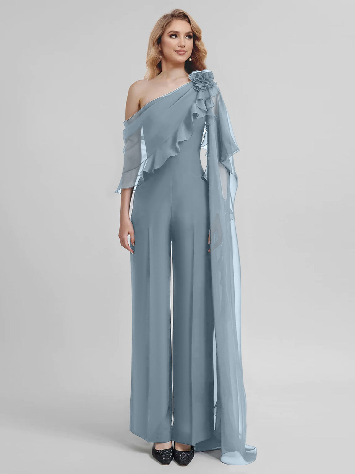 Chiffon One Shoulder Jumpsuits With Half Sleeves For Mother Of The Bride