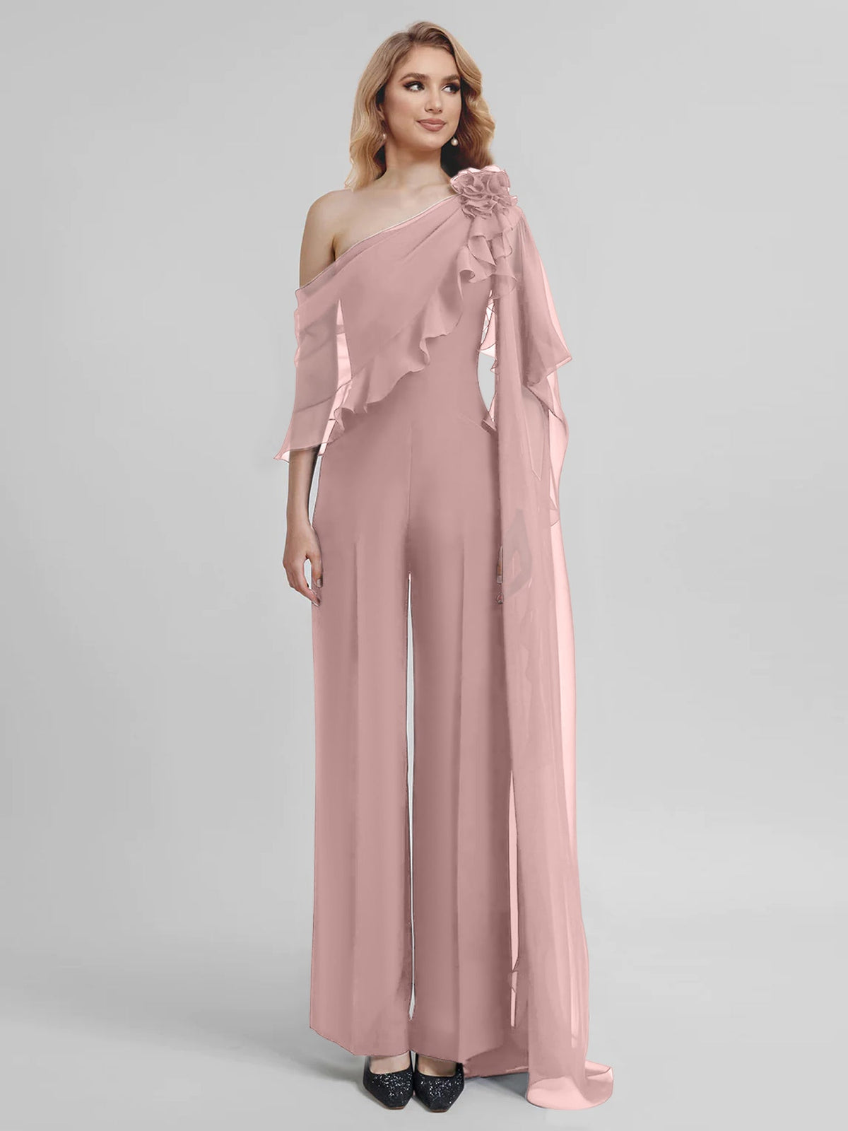 Chiffon One Shoulder Jumpsuits With Half Sleeves For Mother Of The Bride