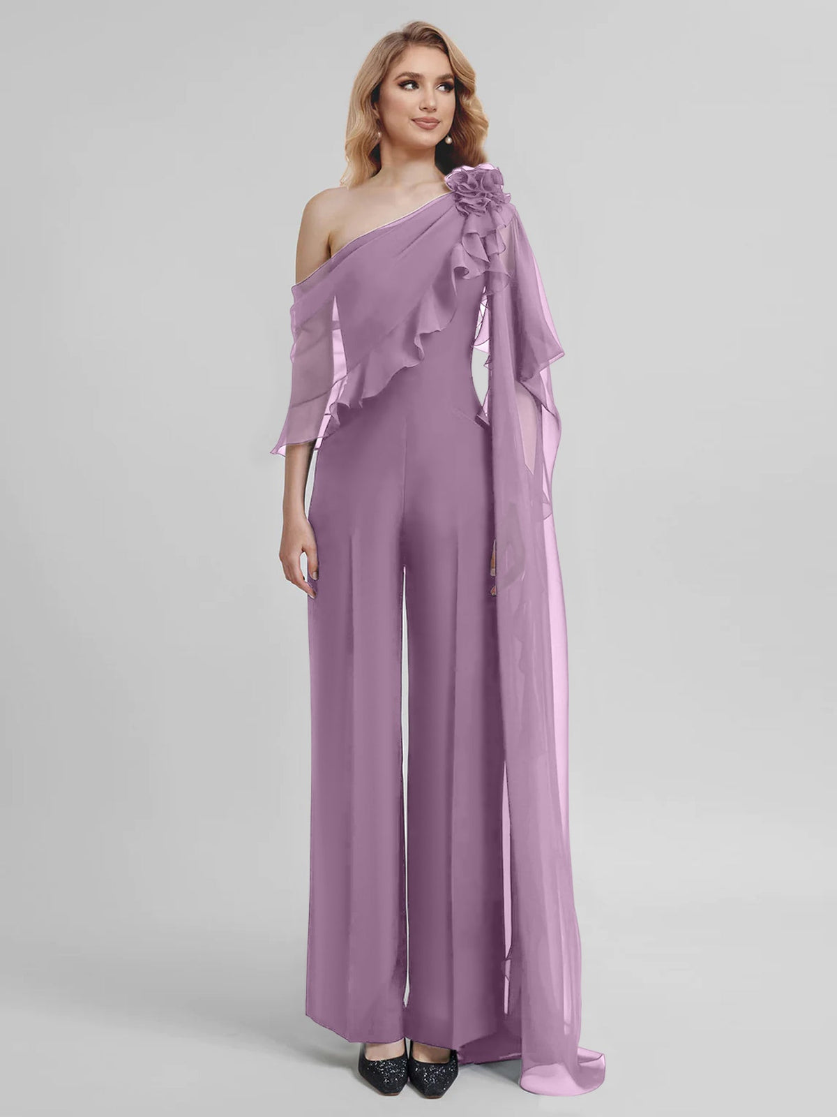 Chiffon One Shoulder Jumpsuits With Half Sleeves For Mother Of The Bride