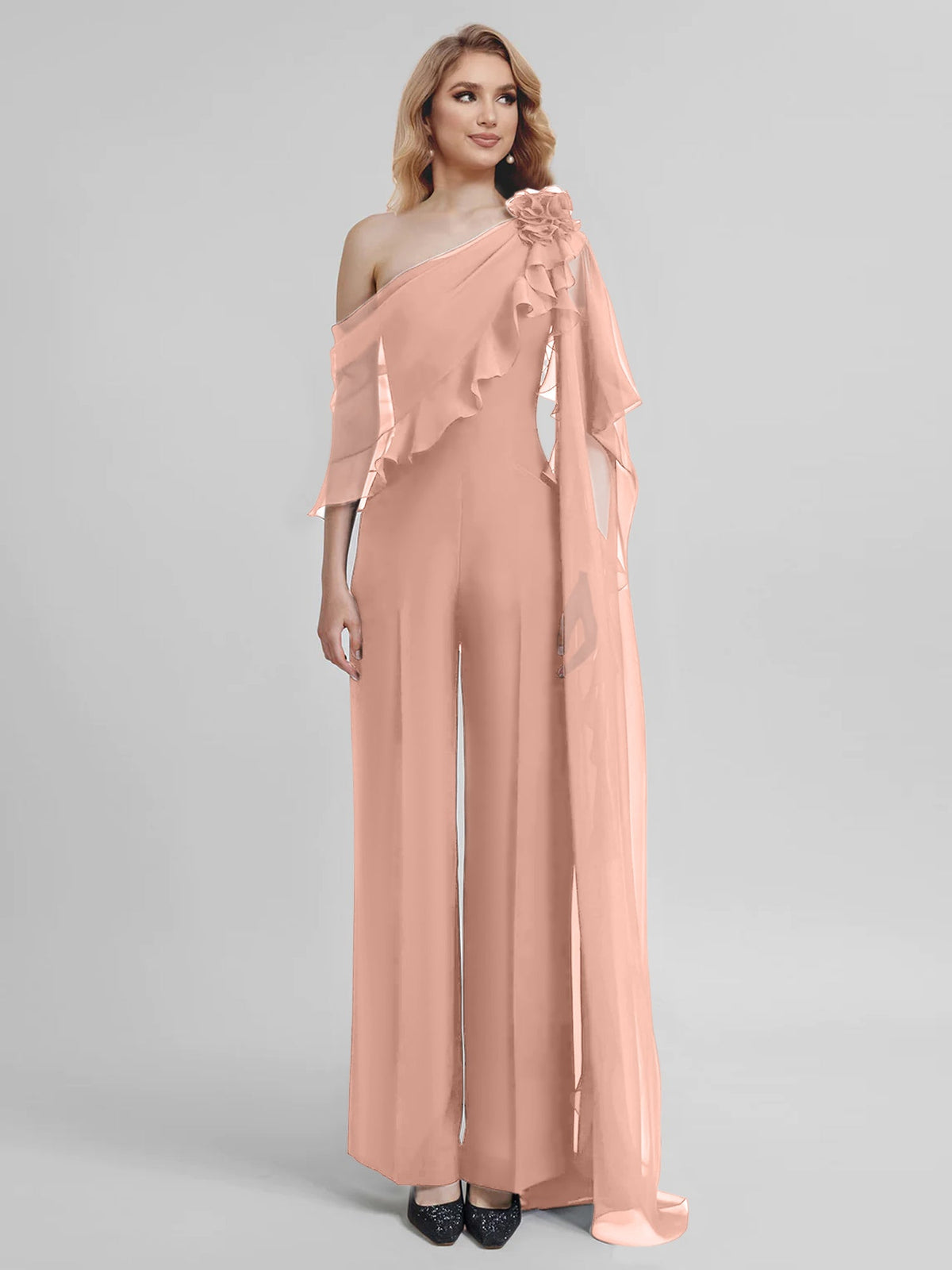 Chiffon One Shoulder Jumpsuits With Half Sleeves For Mother Of The Bride