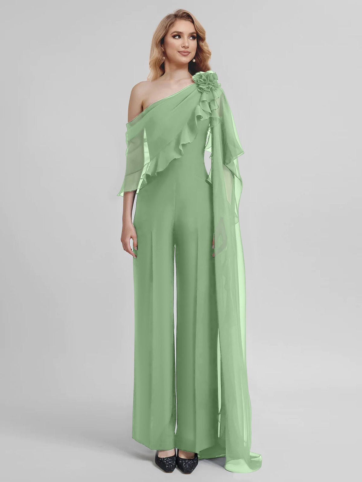 Chiffon One Shoulder Jumpsuits With Half Sleeves For Mother Of The Bride