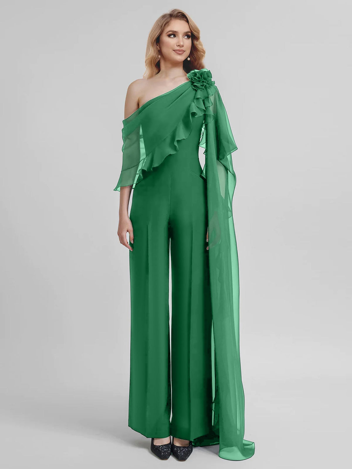 Chiffon One Shoulder Jumpsuits With Half Sleeves For Mother Of The Bride